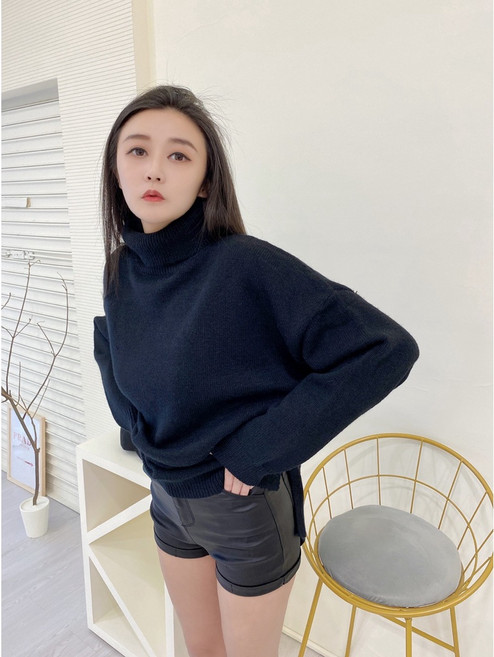 JinG 厚磅側開岔綁帶高領針織毛衣