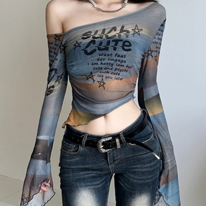 안녕릴리 여성 Y2K 스타일 레터링 프린팅 오프숄더 티