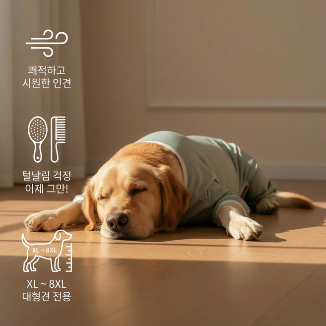 Diqpet 대형견 털빠짐 방지 옷 올인원 강아지 실내복 잠옷 골든리트리버 래브라도 빅사이즈, 라이트 그린, XL(권장 5-7.5kg ), 1개