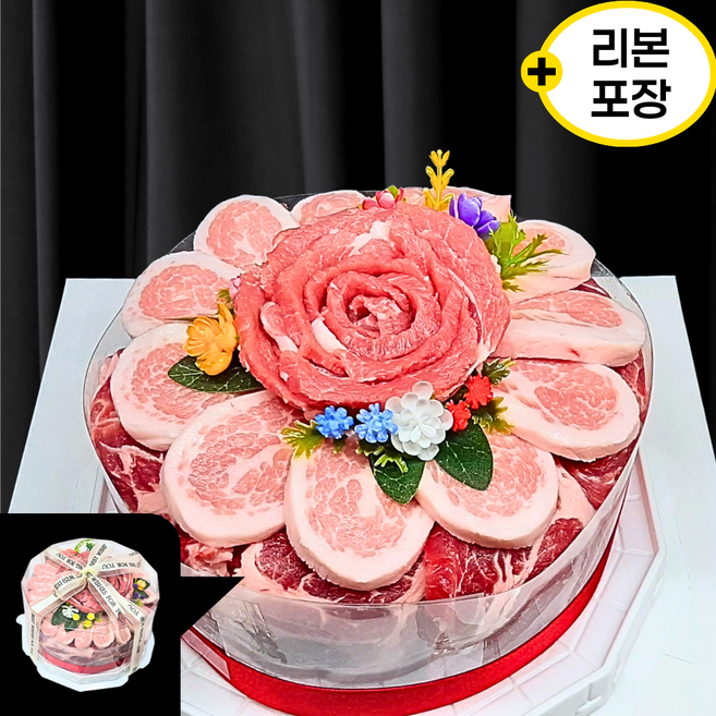 리본포장] 한돈케이크 800g 모듬구이세트_선물용 고기케이크(한돈1+등급), 생일토퍼+리본포장, 1세트