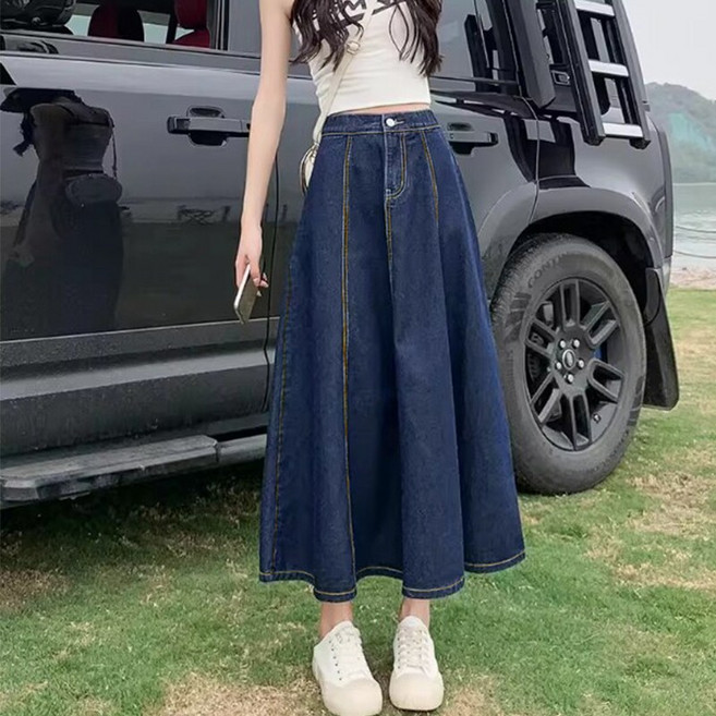 여성용 하이웨스트 플레어 청치마 핀턱 롱 A라인 밴딩 데님 스커트