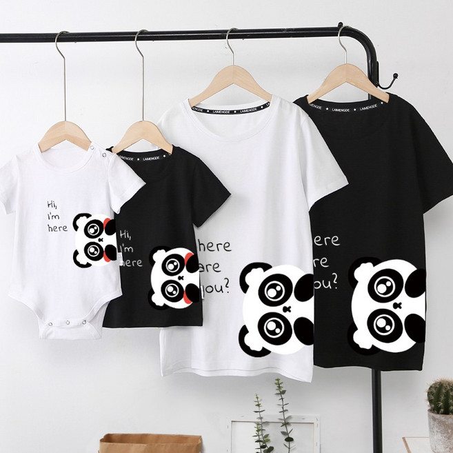 LAMENGDE 側邊熊貓頭純棉親子裝，情侶T恤團體服，台灣製，多色多尺寸，舒適親膚