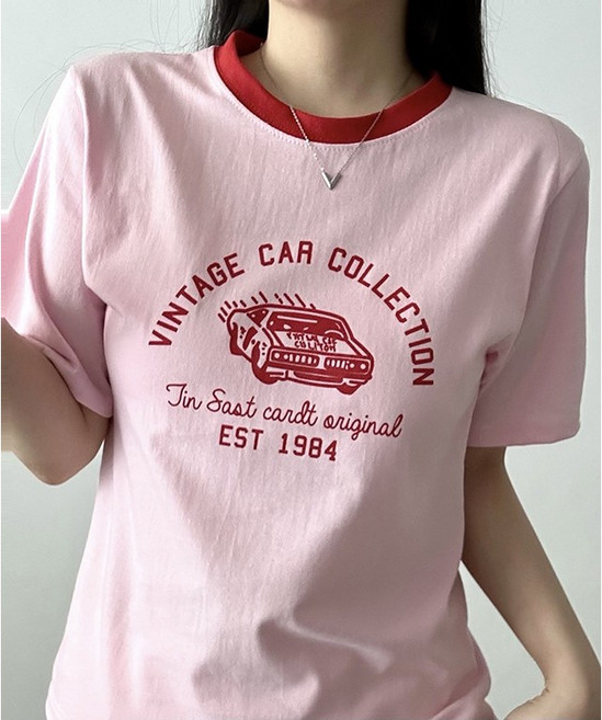 비토샵 여성용 빈티지 카 프린팅 배색 반팔티 데일리티