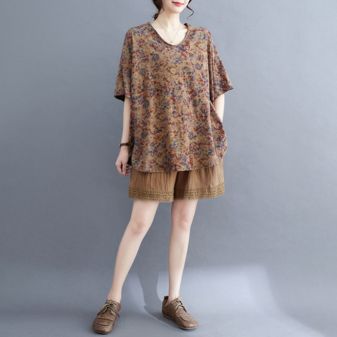 LUNATURE 여성 여름 반팔 플라워 상하세트 오버핏 할머니 투피스