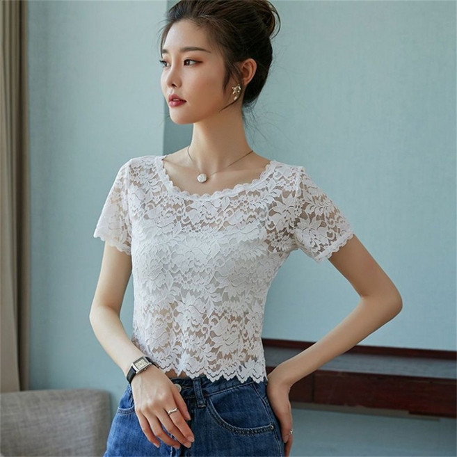 VEZRI 여성용 봄 여름 레이스 반팔 블라우스 고급스러운 럭셔리 퍼프 소매 디자인의 슬림핏 크롭탑