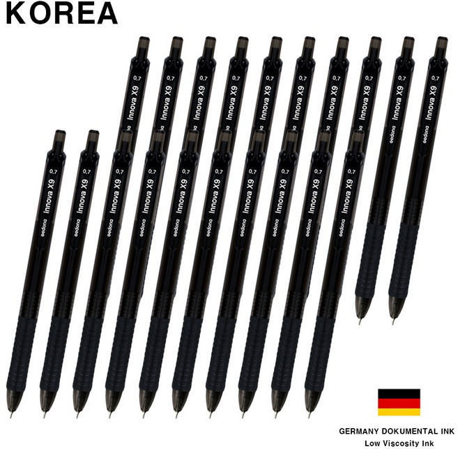 코리아 이노바X9 니들펜 필기감좋은 초저점도 독일잉크 볼펜 0.7mm, 20개, 블랙
