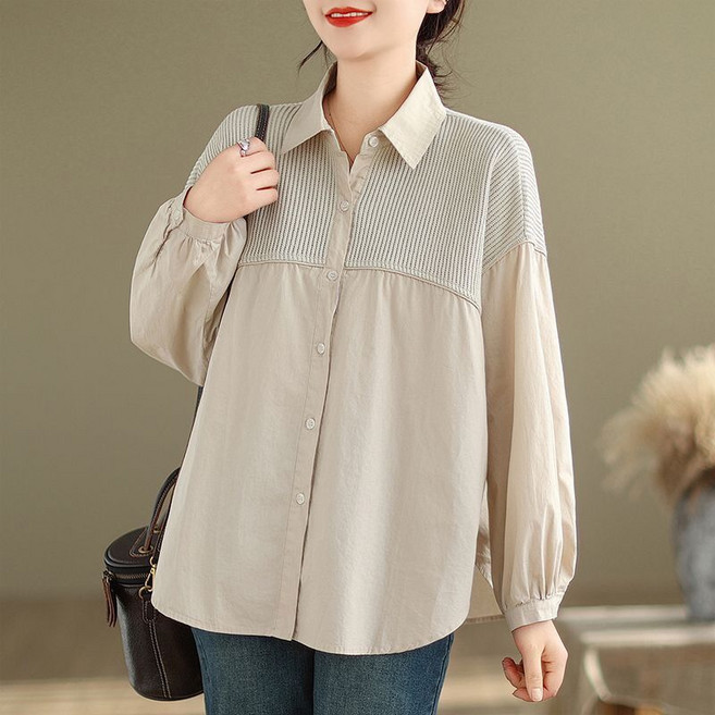 중년 여성 셔츠 봄 가을 캐주얼 기질 니트 패치 긴팔 상의 엄마 루즈핏 트렌드 남방 SJS