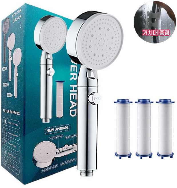 ZOZOFO 폭풍수압 5단조절 온오프 다기능 샤워기 헤드 + 필터 3p세트, 1세트, 실버