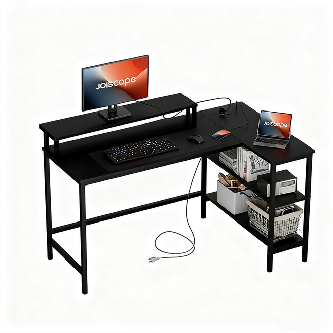 joiscope L型電腦書桌 附顯示器支架 多層置物架 學生辦公桌, 黑色
