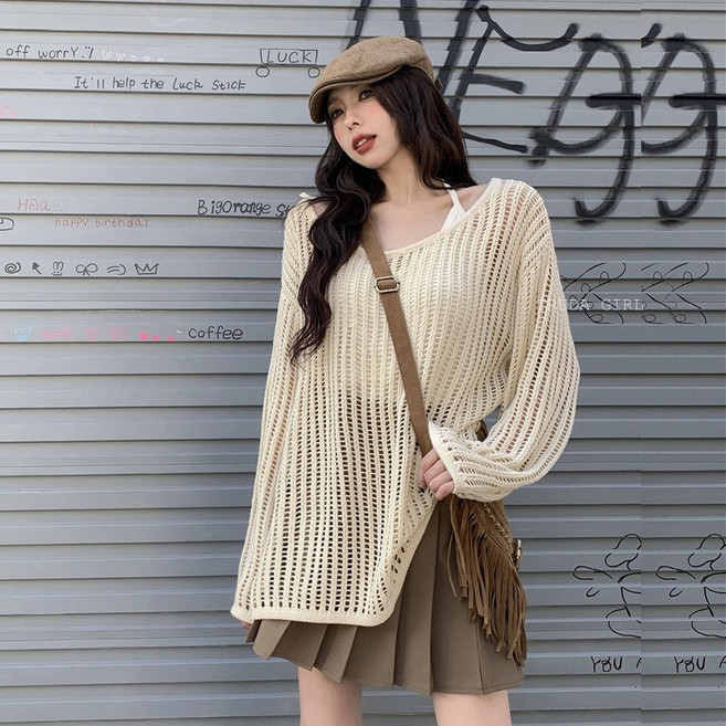 杜達女孩 不費力的休閒時髦 棉紗鏤空長版上衣 長袖露肩寬鬆防曬網狀罩衫, 杏色