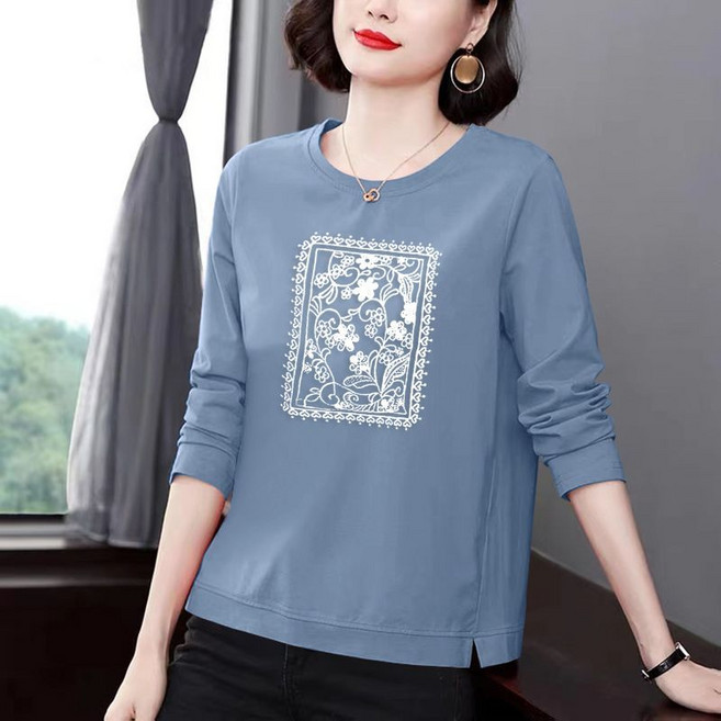 캐주얼 중년 여성 긴팔티 빅사이즈 순면 티셔츠 라운드넥 긴팔 티셔츠 봄가을 여자 긴소매 상의 YJW