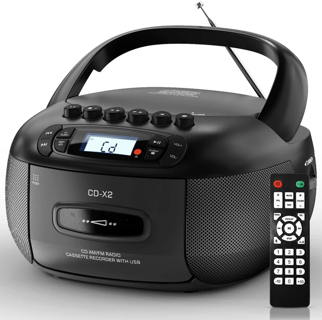 붐박스 CD 카세트 플레이어 콤보: 스테레오 사운드 AM FM 라디오 (블루투스 및 리모컨 포함) - AUX/USB MP3, 02 검정색