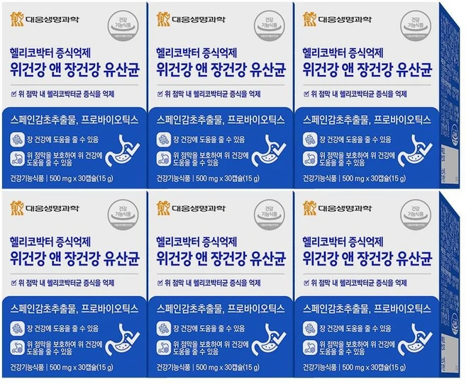 대웅생명과학 헬리코박터 증식억제 위건강 앤 장건강 유산균 스페인감초추출물 위점막 보호, 6개, 30정 - 쿠팡