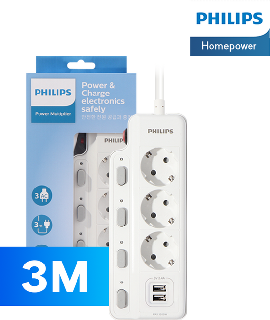 필립스 USB 고용량멀티탭 과부하차단 개별스위치, 화이트 3구 CHP4730WB, 1개, 3m
