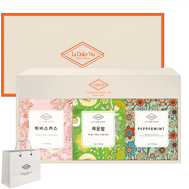 라돌체비타 프리미엄 허브차 3종 선물세트 + 쇼핑백, 히비스커스 1.2g x 6p + 페퍼민트 1.2g x 6p + 레몬밤 1.2g x 6p, 1세트