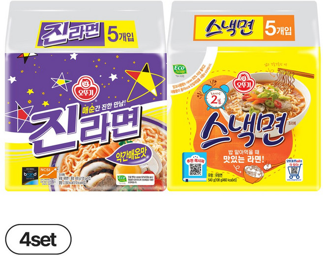 오뚜기 스낵면 (108gx5) 4개+진라면 약간매운맛 (120gx5) 4개, 8팩