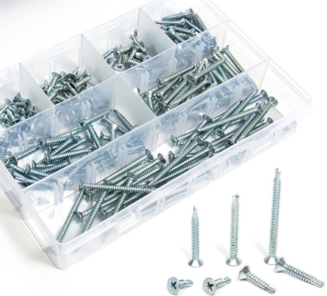 ZIO-BIZ 접시머리 직결피스 7종세트 백색 210pcs / 직결나사 철판피스 스텐피스 십자형볼트 철판 알루미늄 PVC 목재 나무 나사못 수공구 와셔머리 접시머리 나사 못 피스, 1세트