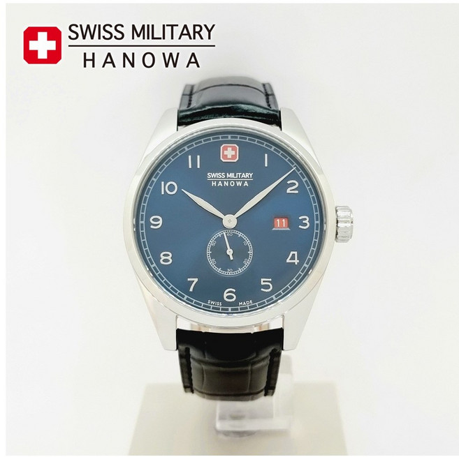 스위스밀리터리 하노와 스몰세컨드 블루 남성 가죽 손목시계 SMWGB0000701