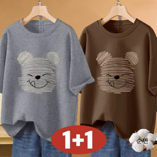 100kg까지 빅사이즈 여성 여름1+1 초특가 순면 라운드넥 캐릭터 프린트 반팔 티셔츠 부드러운 홈웨어 반팔티 데일리룩