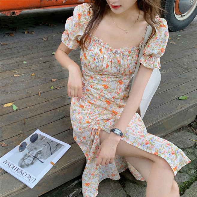 HAAN 빈티지 플라워 쇼트 비취 꽃 작고 상큼한 작은 키의 퍼프 소매 셔링 원피스