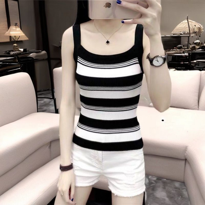 메인워크 여성 민소매 나시 티셔츠 봄가을 스트라이프 나시 이너 니트 슬림핏 고급 섹시 심플 아우터 티
