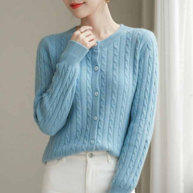 YEON HOME 여성 꽈배기 니트 라운드 가디건 데일리