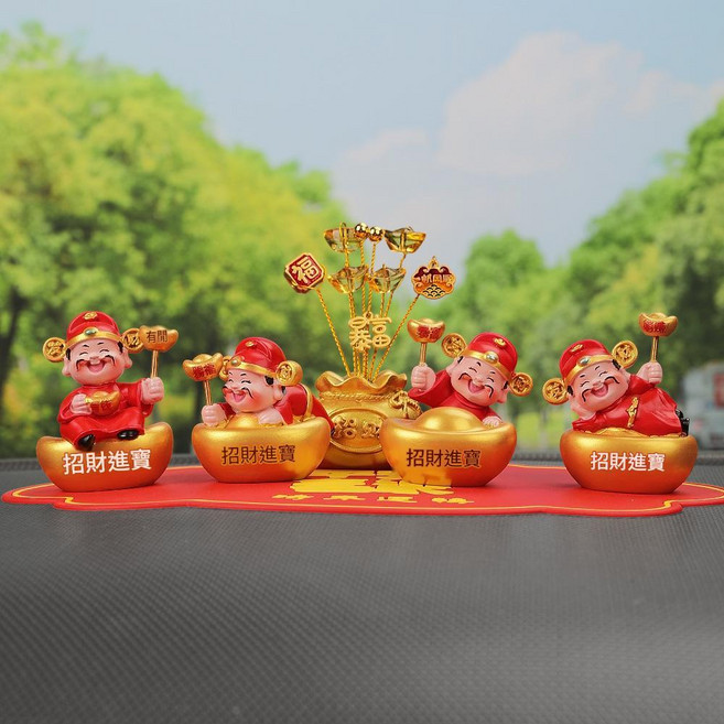 財神爺彈簧汽車擺件, 一套4個財神 招財暴富錢袋 紅墊, 1個