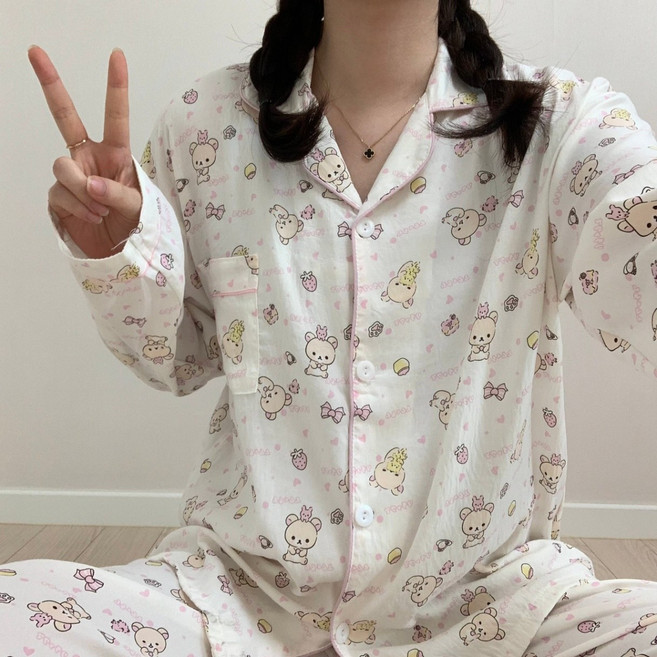 [봄신상!] 귀여운 스위트 딸기 리락쿠마 곰돌이 면 카라 포켓 오픈 단추 주머니 긴팔 긴바지 잠옷 세트 파자마 홈웨어 간절기 사계절