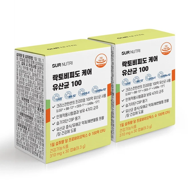 아워뉴트리 락토비피도 케어 유산균 100억 CFU 60캡슐 2개월 2박스 크리스찬한센 LGG, 30회분 - 쿠팡