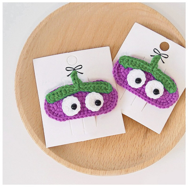 HAC003Jdu 퍼플 가지 뜨개 헤어 똑딱핀 초롱 눈알 귀여운 포인트 머리핀 악세사리