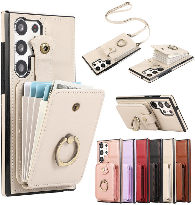 PYHO 갤럭시 S24/S25울트라 시리즈 케이스 카드포켓 메탈링 가죽 케이스