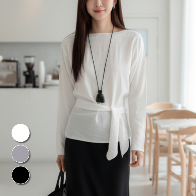 핏몬 여성 허리라인 리본 랩 긴팔 블라우스