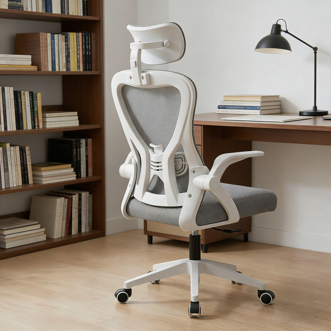 등받이 허리 보호 게이밍의자 자세교정 컴퓨터의자 편안한 메쉬 사무용의자, 흰색