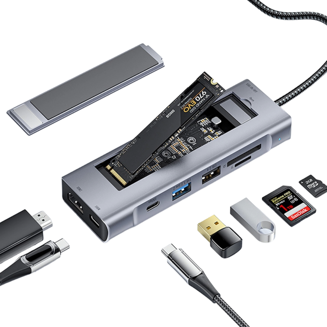 EIKER 8in1 c타입 멀티허브 USB3.2 HDMI PD충전 M.2 SSD 외장케이스, SH-3920, SH-3920, 1개