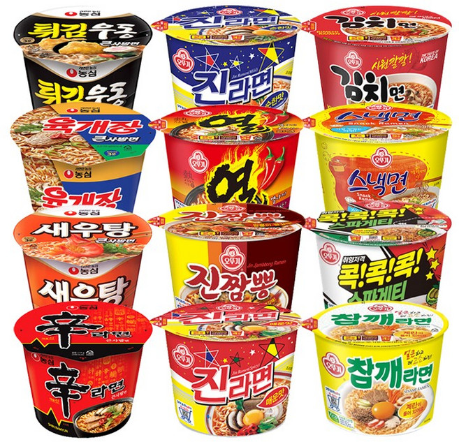 오뚜기 농심 용기컵라면 12종 오뚜기(진매+진순+열+참깨+진짬뽕+스낵면+스파게티) 농심(신라면+육개장큰+김치큰+튀김우동+새우탕), 1개