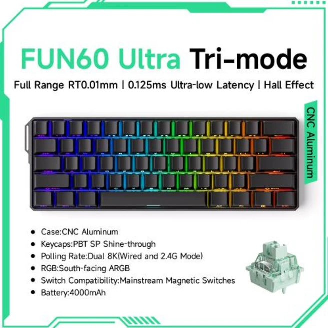 게임용 기계식 키보드 Akko MonsGeek FUN60 마그네틱 스위치 60 신속한 트리거 0.01mm 8K ARGB HETMR 맞춤형, Ultra Black Tri-mode - 쿠팡