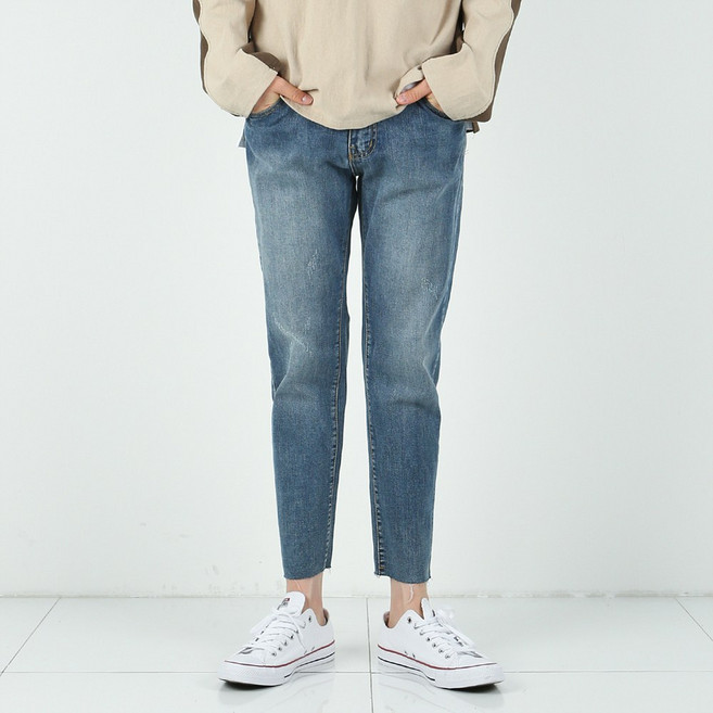 [데님공방] 스판 크롭진 9부 3컬러 밑단컷팅 청바지 테이퍼드핏 빈티지 데님팬츠 S-2XL