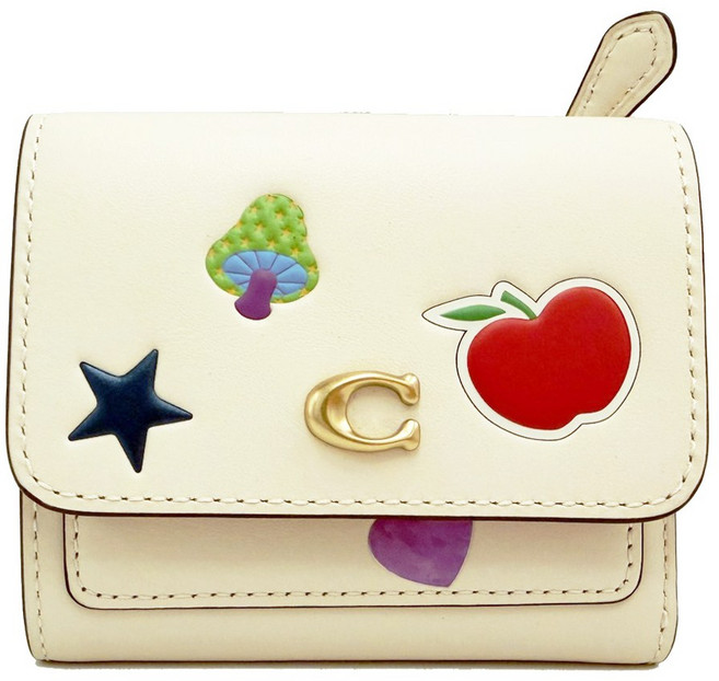 COACH 經典 C Logo 牛皮貼圖 拉鍊零錢袋 鈔票短夾