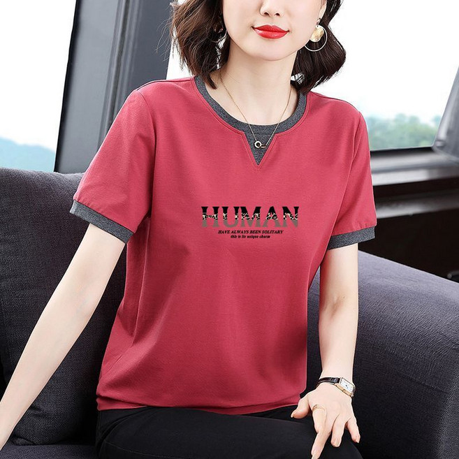 중년 여성 반팔 티셔츠 봄 여름 캐주얼 고급 순면 엄마 상의 기질 반팔티 트렌드 코디 티셔츠 WMY