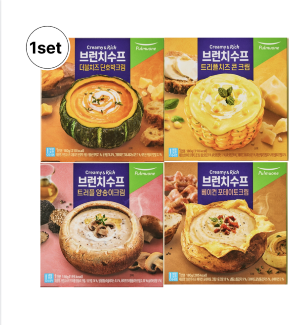 브런치수프 트러플양송이크림 + 트리플치츠 콘 크림 + 베이컨 포테이토 크림 + 더블치즈 단호박 크림 세트, 1세트, 720g