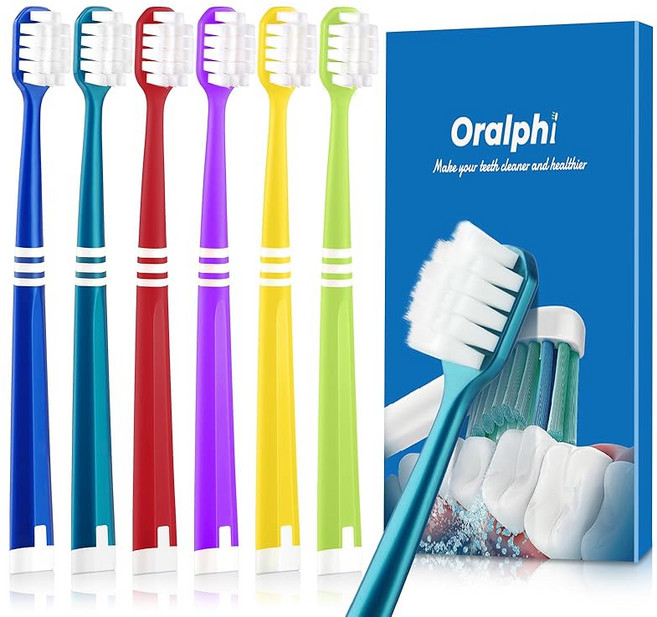Oralphi 초극세모 부드러운 칫솔 폭이 넓은 헤드 6병 세트 잇몸관리 민감치용 임산부/고령자/교정/성인용 치과 인증 치간 치실 효과 6색 세트