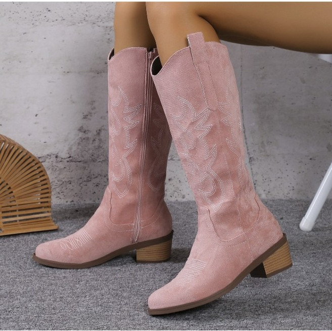 라인댄스화부츠 무용부츠 여성용 사이드 지퍼 스웨이드 라운드 토 솔리드 자수 하이 튜브 로우 힐 라이더 겨울 핫