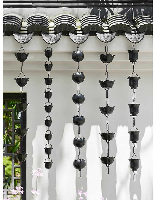 레인체인 처마 모빌 한옥 마당 정원 낙수관 빗물길, 블랙 꽃잎 1m 5송이(알루미늄)