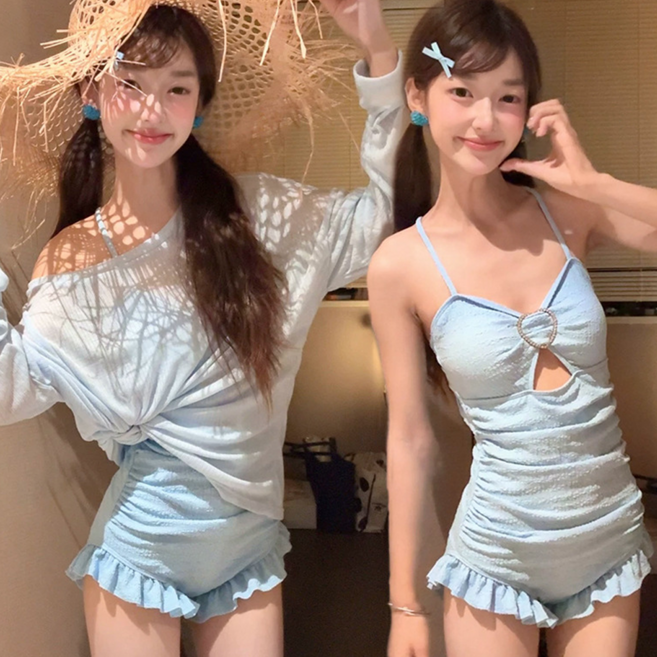 홍언목요 여성 비키니 수영복 패션 투피스 수영복 여름 긴팔 시스루 바캉스 비키니 세트, A 푸른 색