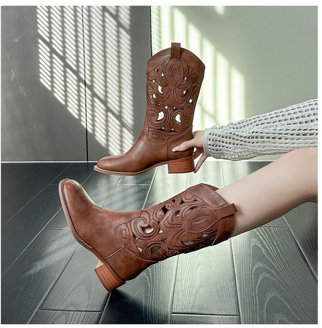 패션 여성 롱부츠 빈티지 웨스턴 부츠 여름 통기 펀칭 미들 부츠 빅사이즈 봄 가을 여자 부츠 YSQ