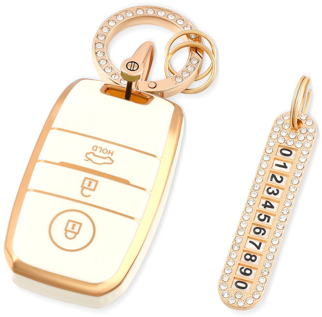 OFFCURVE TPU 기아 자동차 엣지라인 3버튼 모닝 레이 풀커버 스마트키 적용 키케이스 키홀터 +열쇠고리+번호판 다양한 컬러, 화이트 골드+열쇠고리+번호판