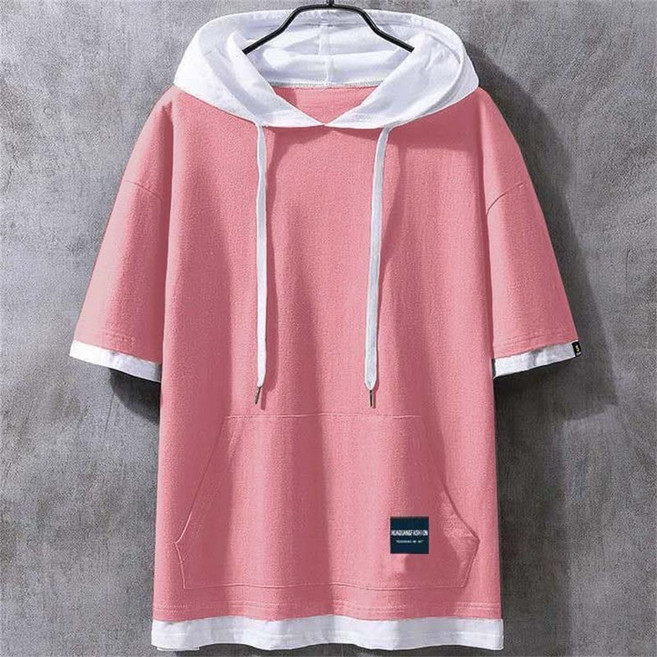 TKX 남성 반팔 후드 티셔츠 캐주얼 오버핏 스트릿 스타일 심플 배색 여름 데일리룩
