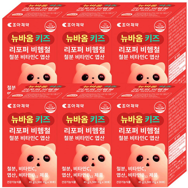 뉴바옴 키즈 리포버 비헴철분 엽산 비타민C 비타민B12 철분제 헤모론 헤모글로빈 빈혈 청소년 어린이 유아 아기 영유아 비햄철(non-heme iron), 6개, 30정
