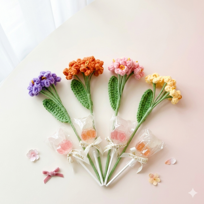 캔디마켓 웨이톡톡 곰돌이 캔디 카네이션 뜨개 꽃 4개, 1세트, 80g
