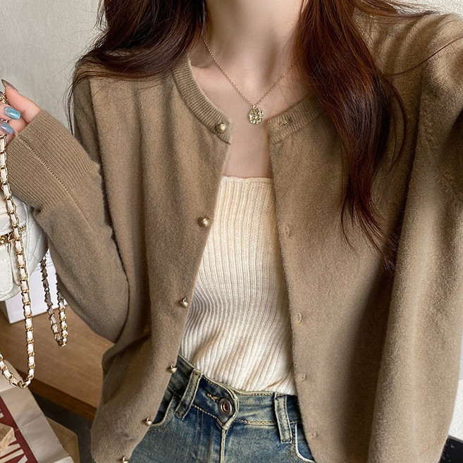 슬림소녀 여성 기본 라운드넥 니트 가디건 단추루즈핏 니트 스웨터